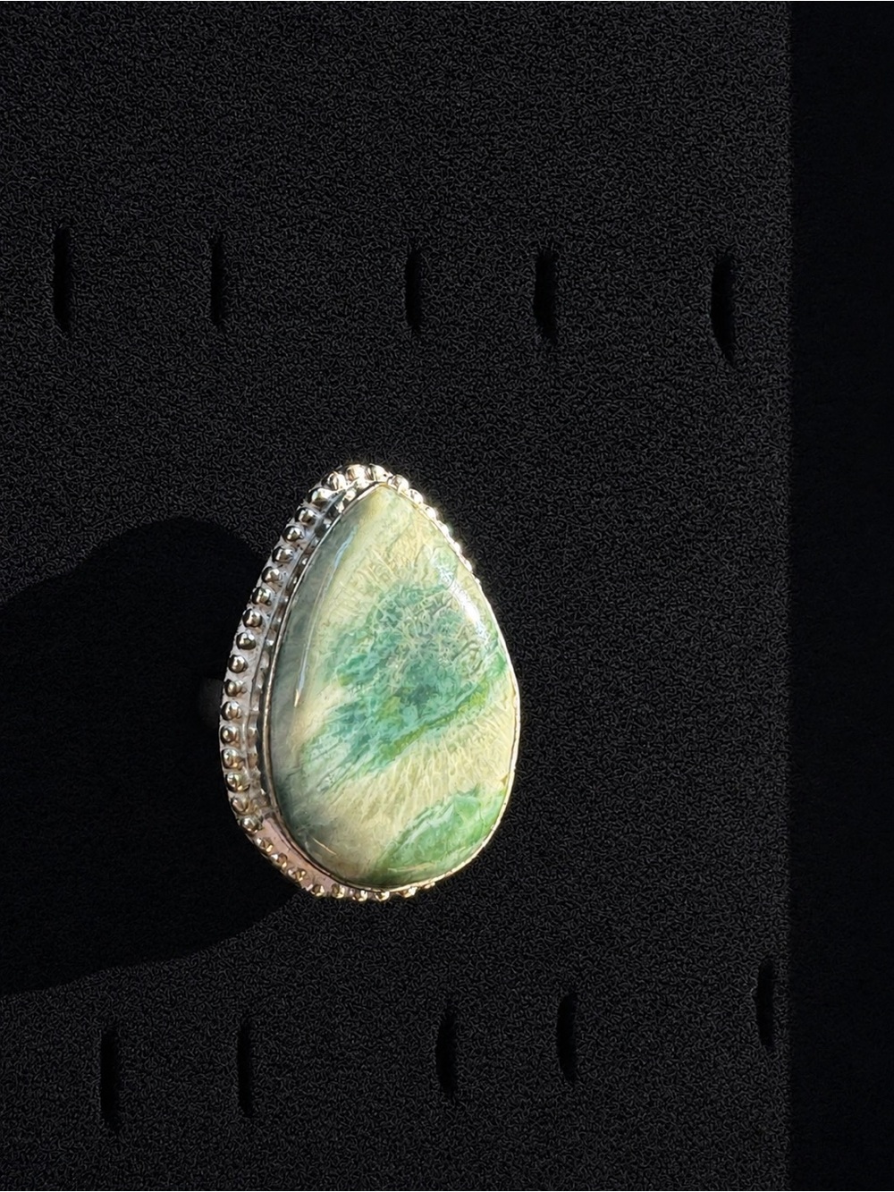 Sterling Silver Green Moss Agate Teardrop Statement Ring